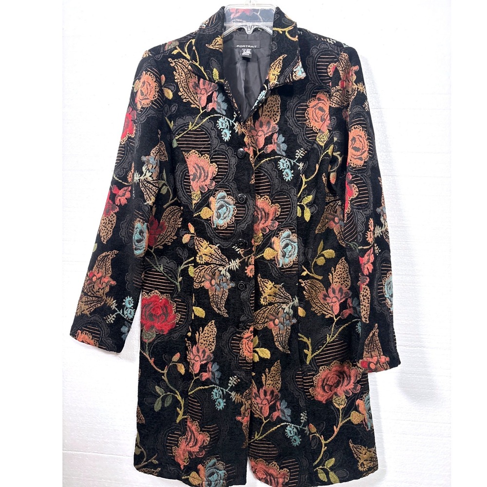 Portrait Jacquard Coat Women Medium Black Floral Vintage Y2K Tapestry 268903